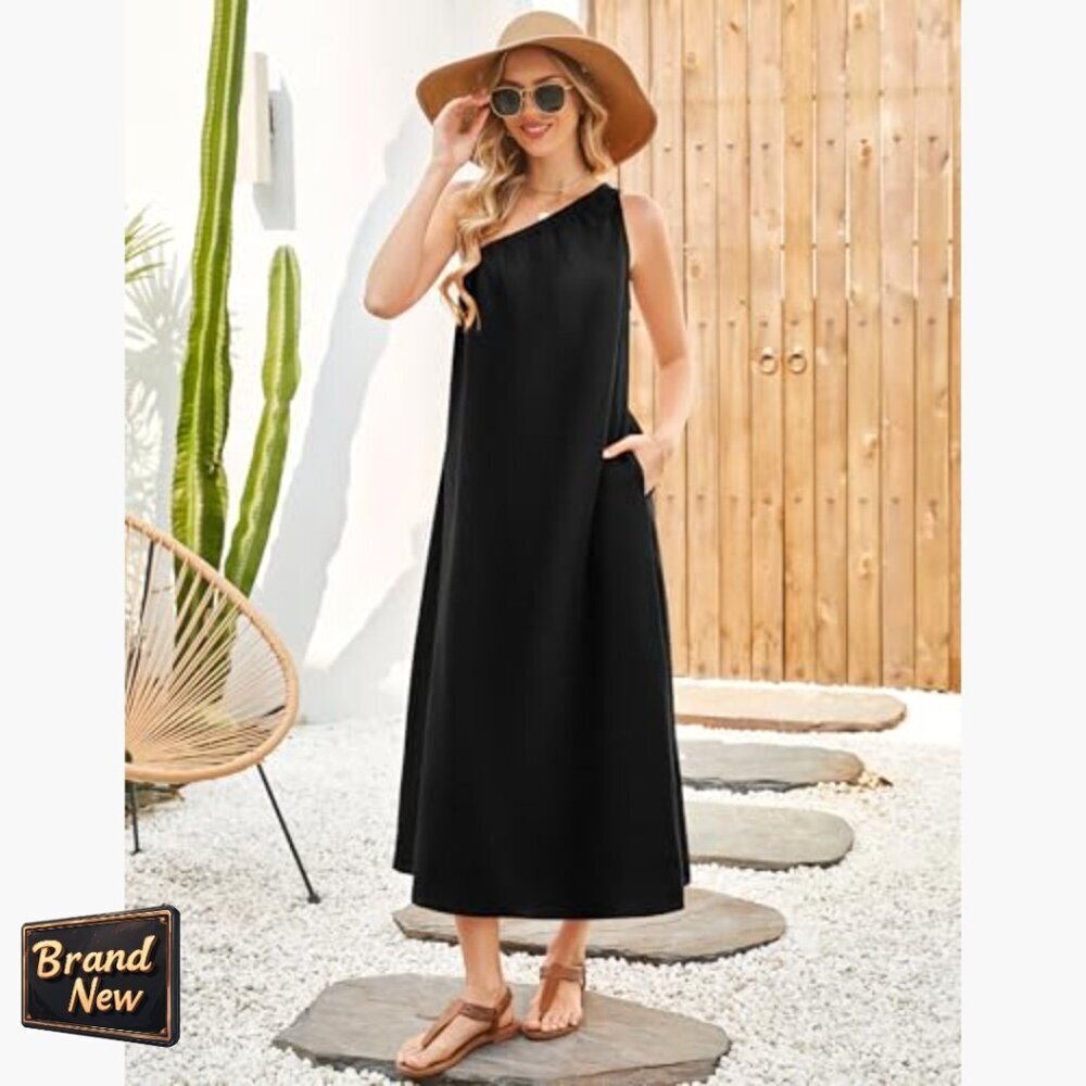 Linen Maxi Dress One Shoulder Sleeveless with Pockets Summer Casual - Picture 4 of 7
